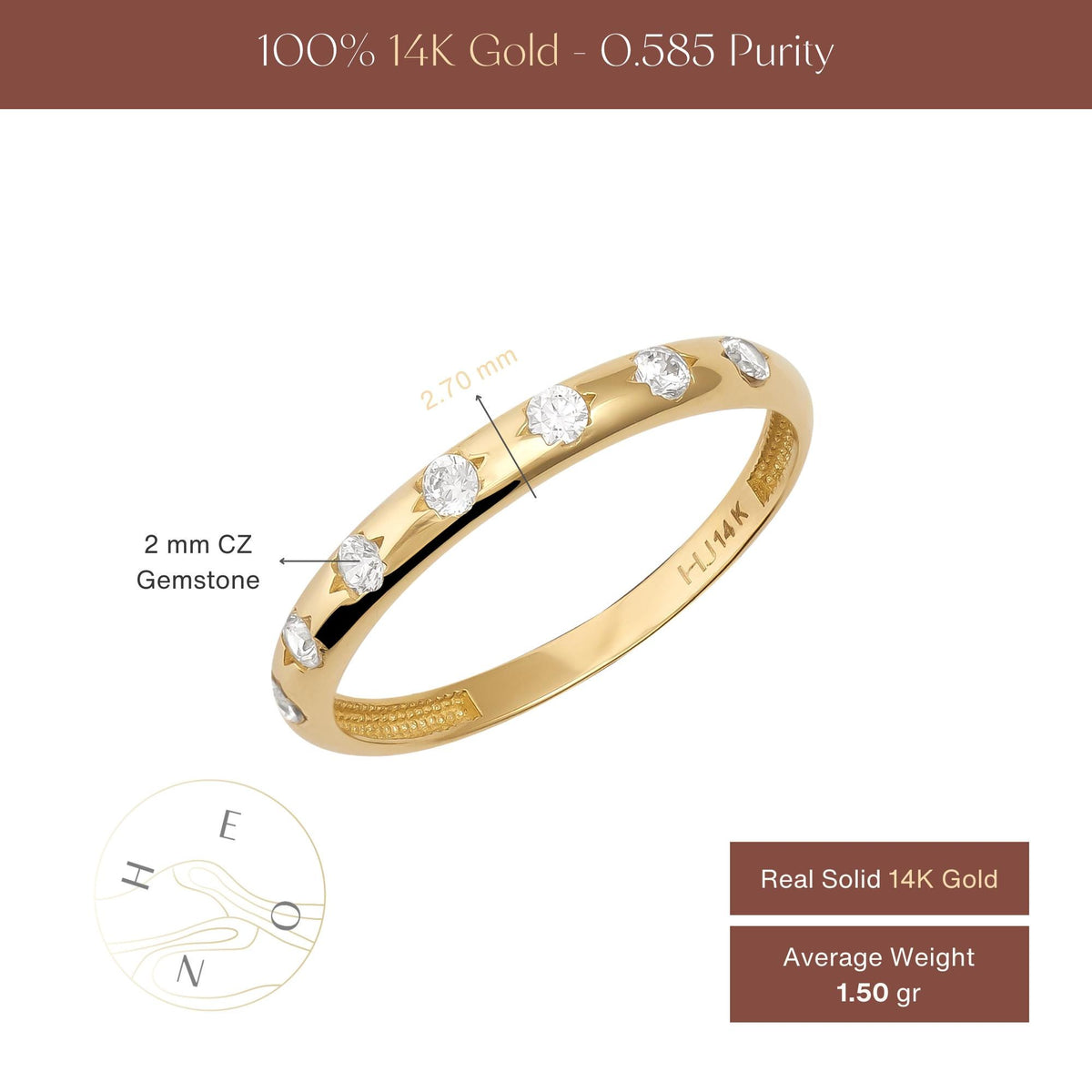 Infographic of 14K yellow gold CZ band ring labeling 2 mm CZ stones and 1.50 gr average weight