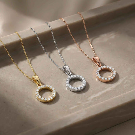 14K Solid Gold Circle Necklace CZ Eternity Halo Pendant