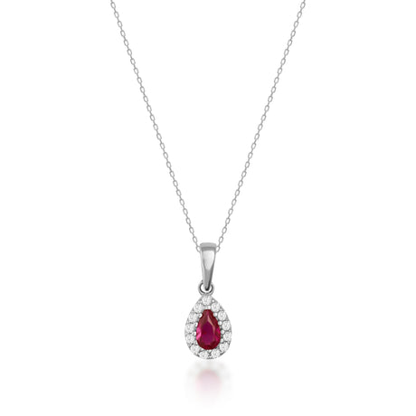 Collier halo rubis poire de synthèse en or blanc 14 carats sur fond blanc