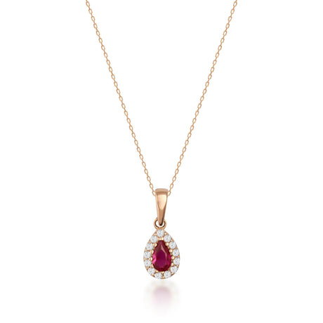 Collier halo rubis poire de synthèse en or rose 14 carats sur fond blanc