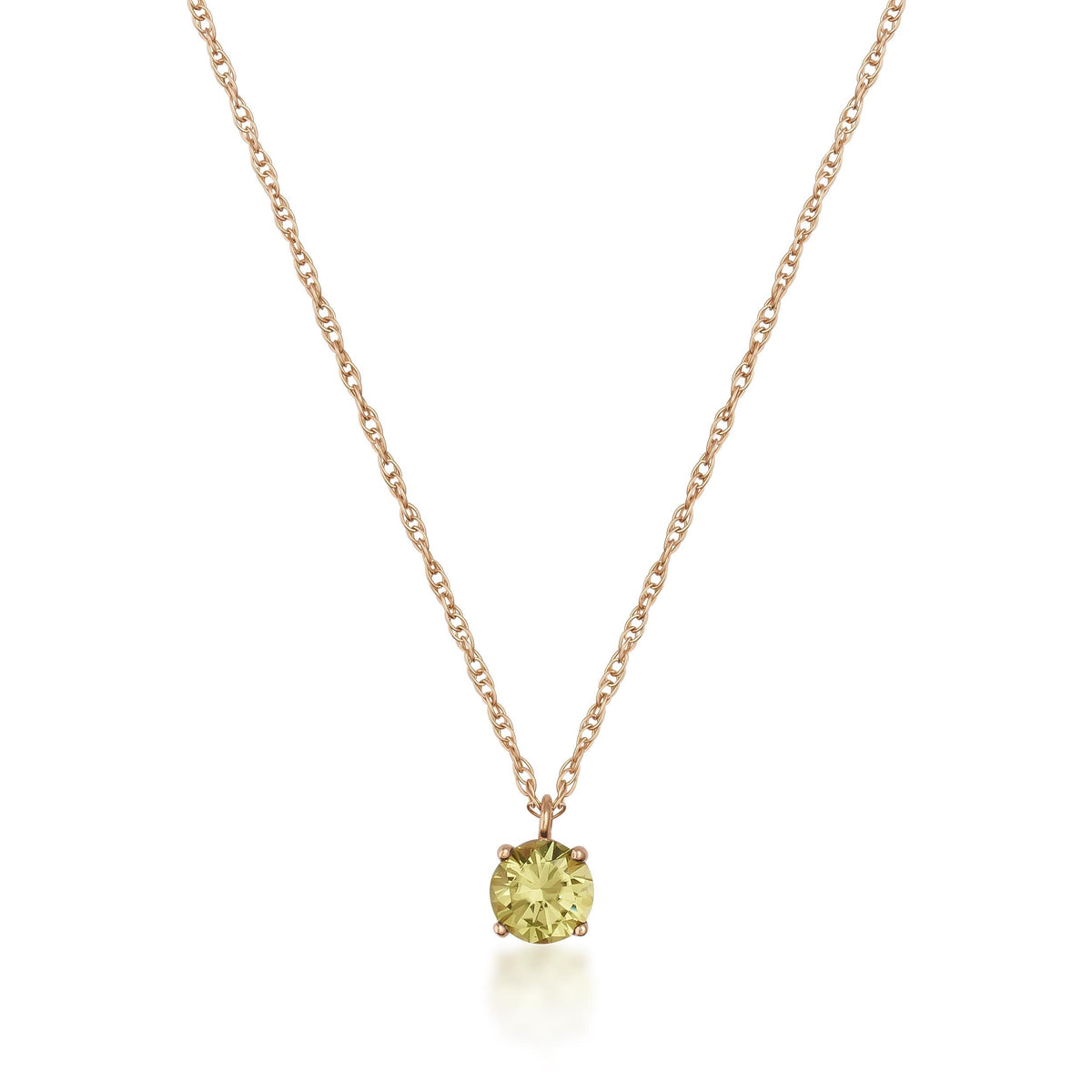 Collar solitario de citrino en oro rosa de 14 quilates sobre fondo blanco