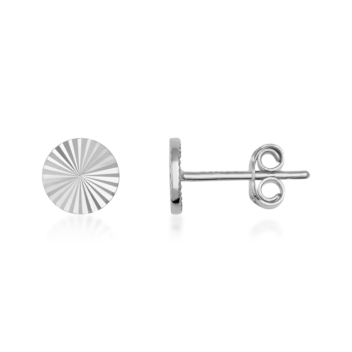 Sonnenstrahl-Plättchen-Ohrstecker aus 585er Weißgold, Vorder- und Seitenansicht auf Weiß