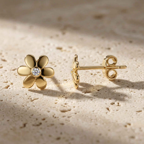 14K Solid Gold Flower Stud Earrings, Daisy CZ Floral Minimal Gold Studs