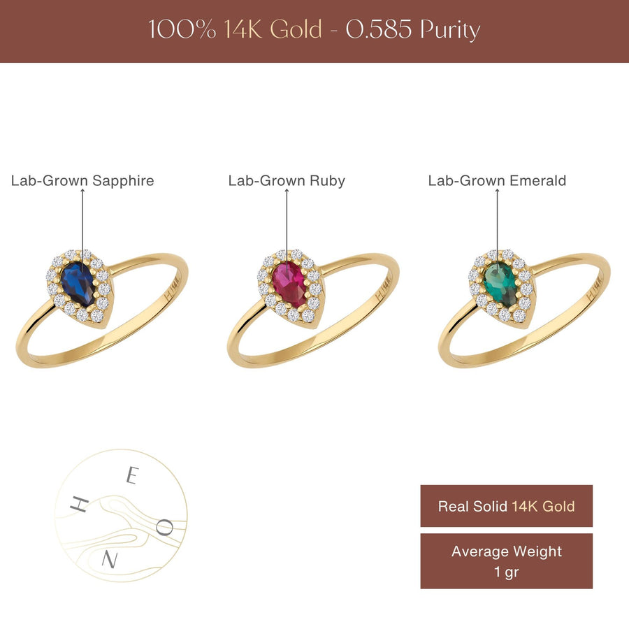 Infographic of 14K yellow gold pear halo rings with lab-grown sapphire, ruby and emerald and 1 gr average weight