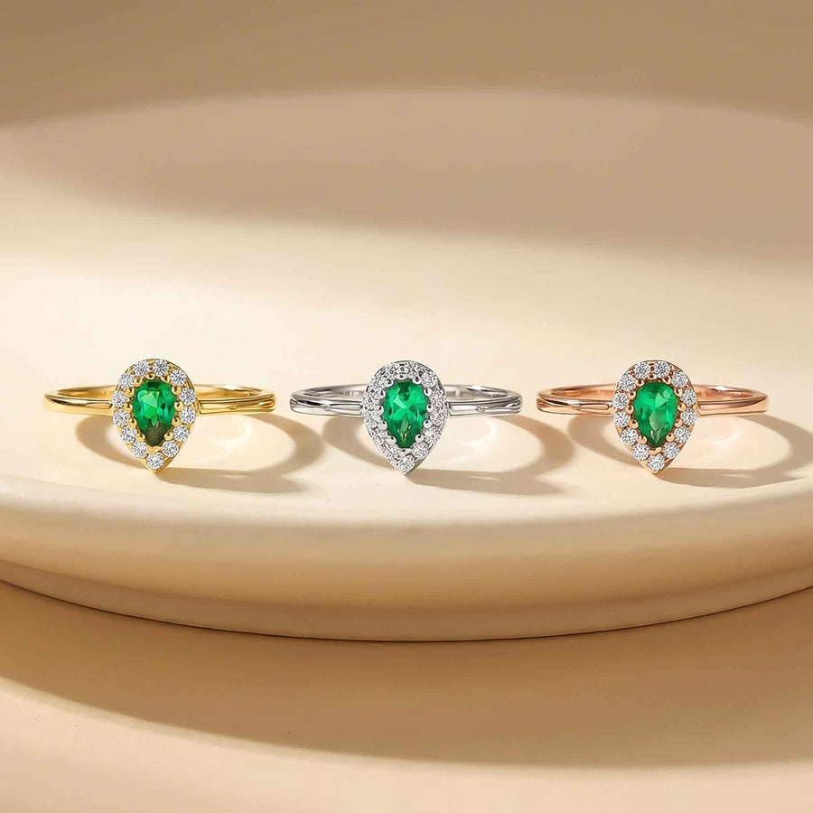 Lab-grown emerald pear halo rings in 14K yellow, white and rose gold