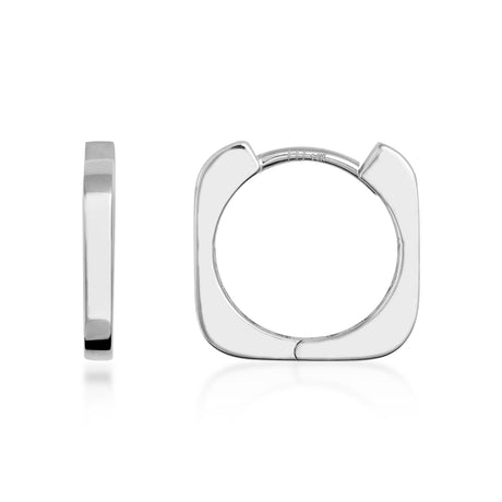 Créoles carrées arrondies en or blanc 14 carats, vue de côté et de face sur fond blanc