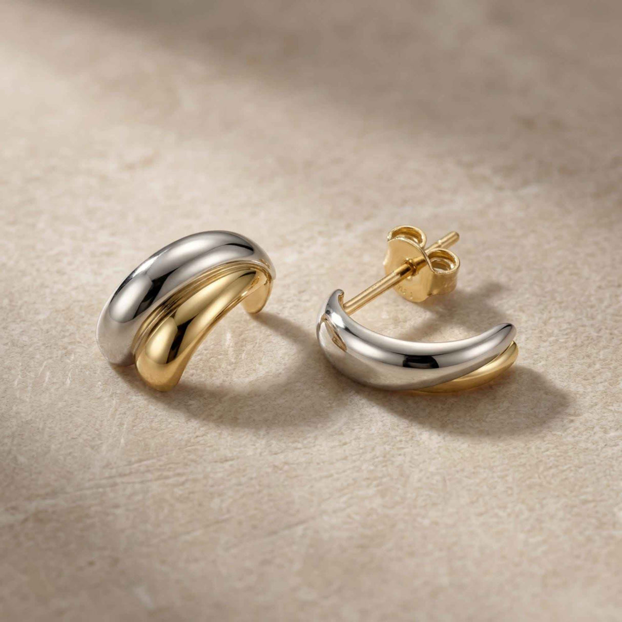 14K Solid Gold Two Tone Hoop Earrings, Open Sculptural Half Hoop Studs