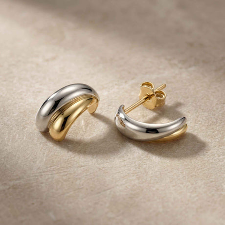 14K Solid Gold Two Tone Hoop Earrings, Open Sculptural Half Hoop Studs
