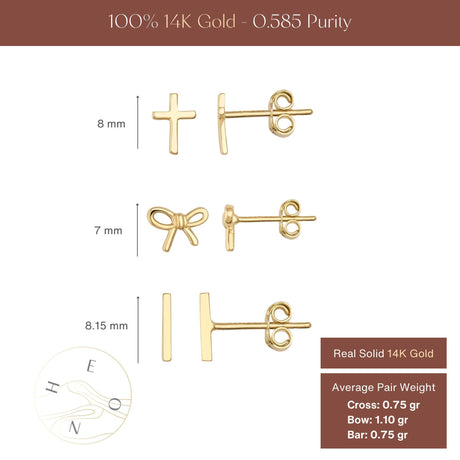 14K Solid Gold Piercing Stud Earrings, Cross Bow Bar Minimal Cartilage Stacking Studs