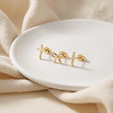 14K Solid Gold Piercing Stud Earrings, Cross Bow Bar Minimal Cartilage Stacking Studs