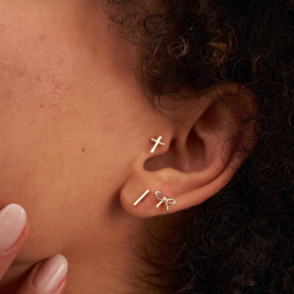 14K Solid Gold Piercing Stud Earrings, Cross Bow Bar Minimal Cartilage Stacking Studs