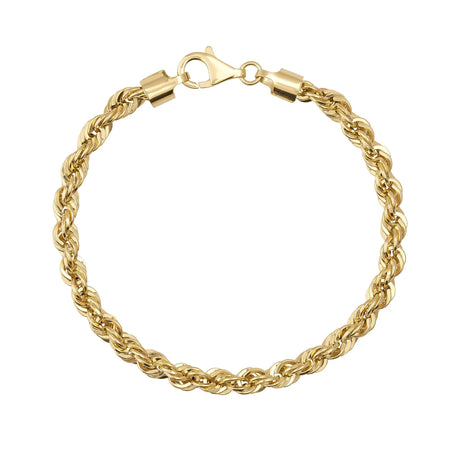 Bracelet maille corde en or jaune 14 carats avec fermoir mousqueton sur fond blanc