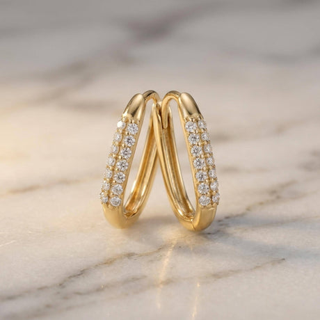 14K Gold Pave Hoop Earrings Diamond Look CZ Small Oval Huggie Minimal Hoop