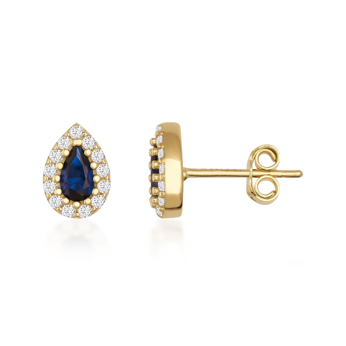 14K Gold Pear Halo Stud Earrings Sapphire Emerald Ruby Diamond Look Elegant