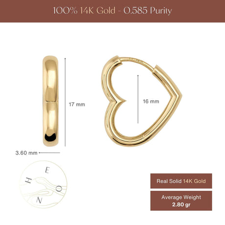 14K Solid Gold Heart Hoop Earrings, Chunky Puffy Heart Huggie Hoops