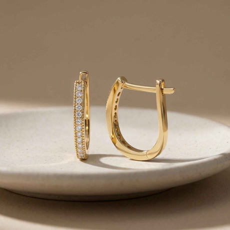 14K Gold Diamond Simulant Hoop Earrings Oval Huggie CZ Pavé Minimal Gold Hoops