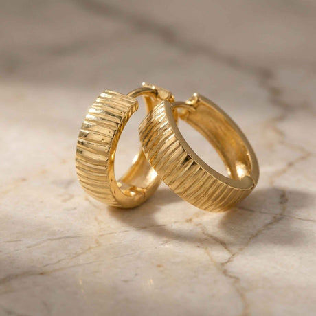 14K Solid Gold Wavy Hoop Earrings, Chunky Ripple Huggie Gold Hoops