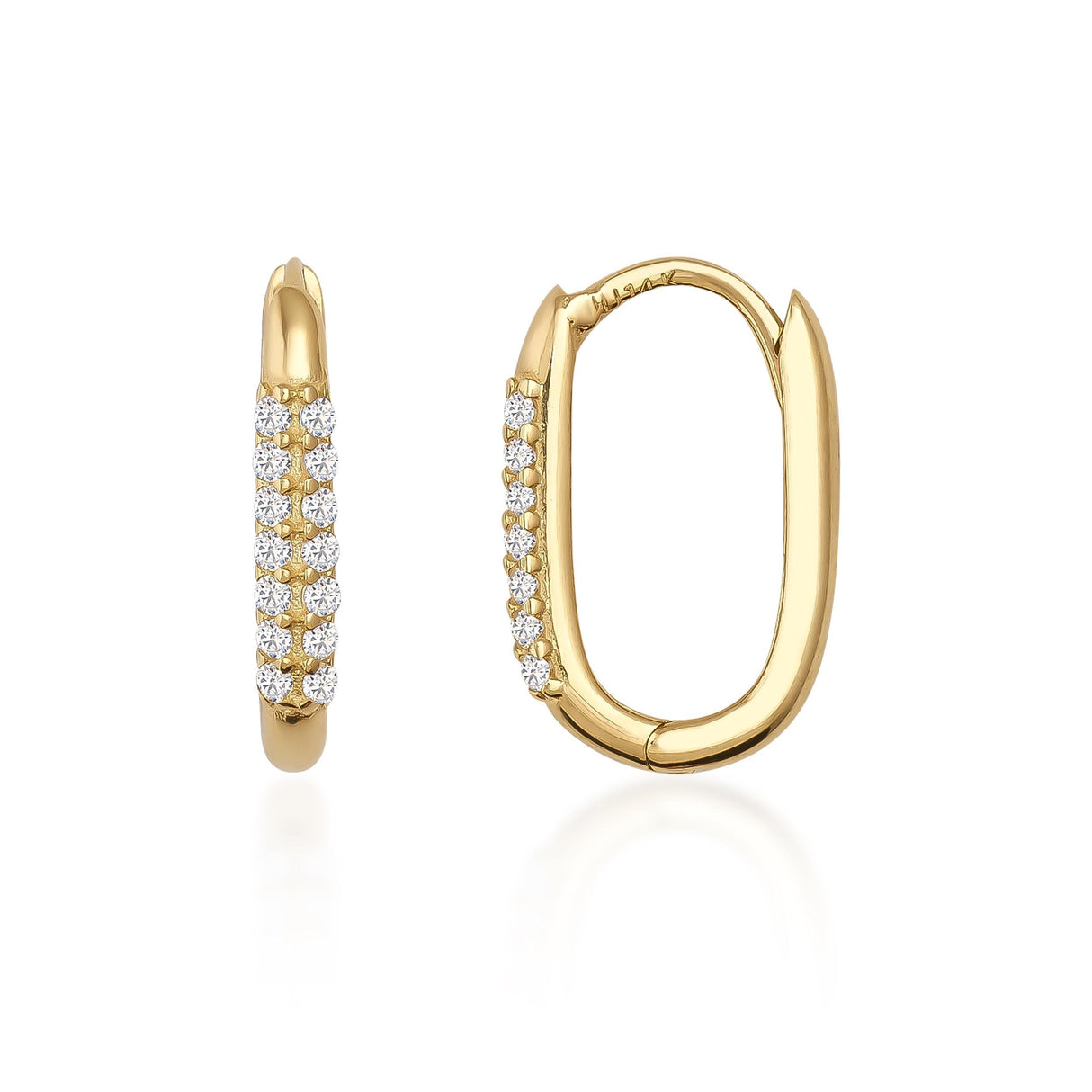 14K Gold Pave Hoop Earrings Diamond Look CZ Small Oval Huggie Minimal Hoop
