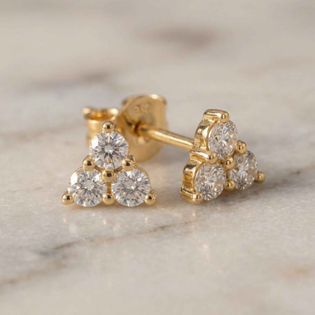 14K Gold CZ Cluster Stud Earrings Triangle Dainty Diamond Look Minimal Stud