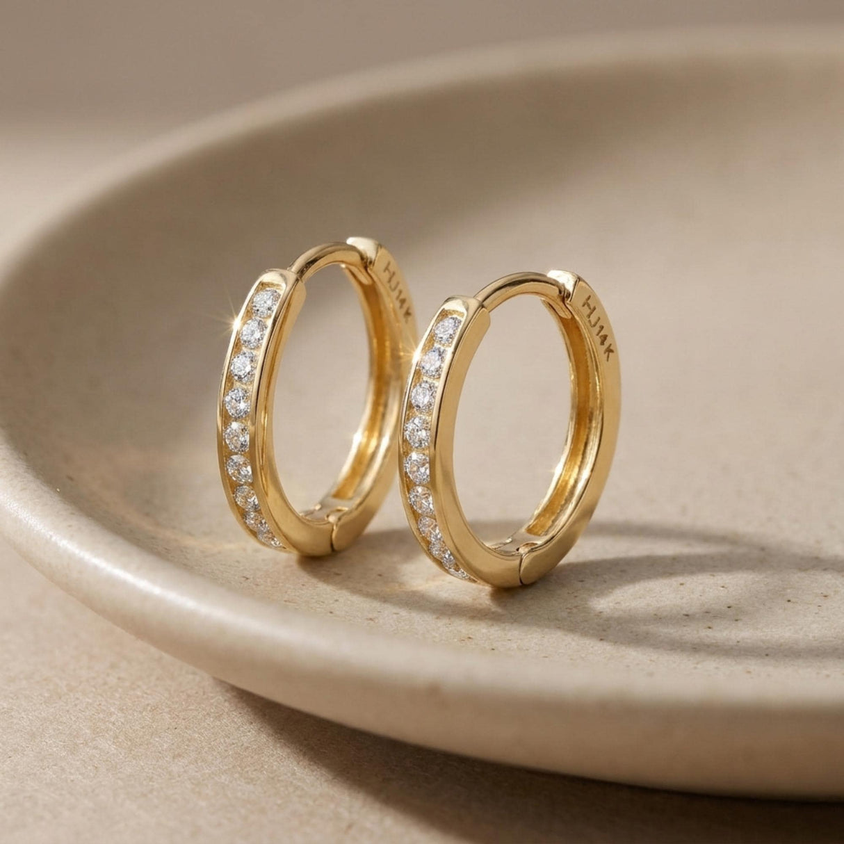 14K Gold CZ Hoop Earrings Thin Huggie Hoops Minimal Diamond Look Hoops
