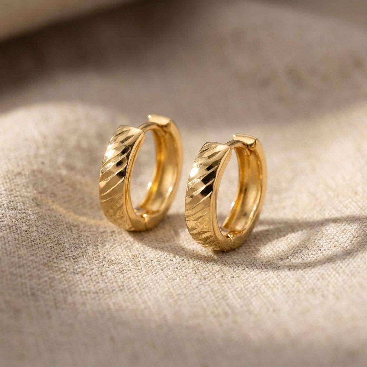 14K Gold Textured Hoop Earrings Huggie Hoops Minimalist