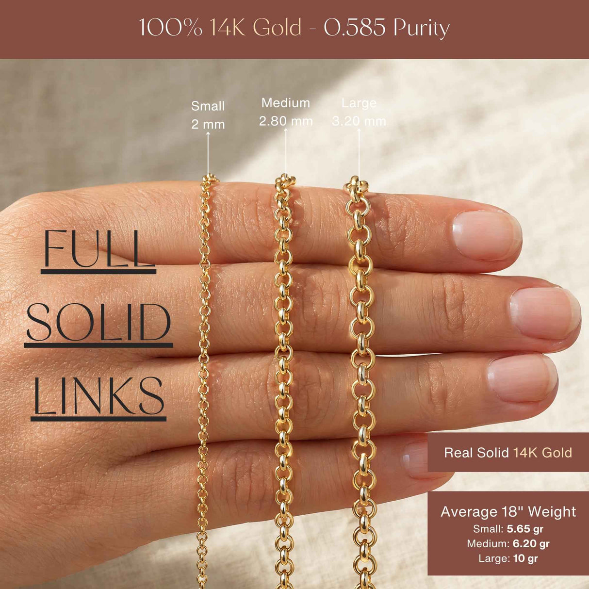 FULL Solid 14K Gold Rolo Link Chain Necklace: Belcher Chain