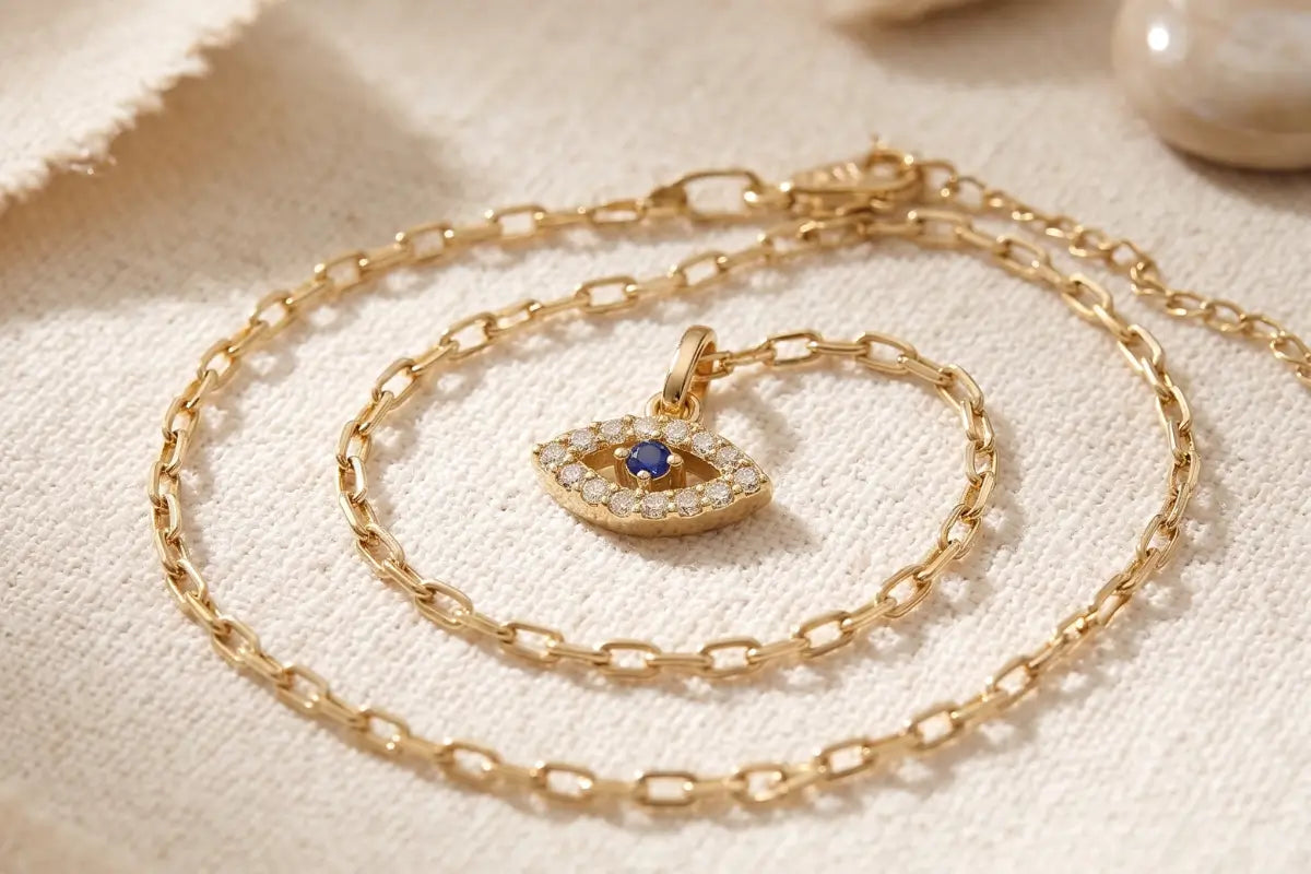 14K gold evil eye pendant necklace with blue sapphire center