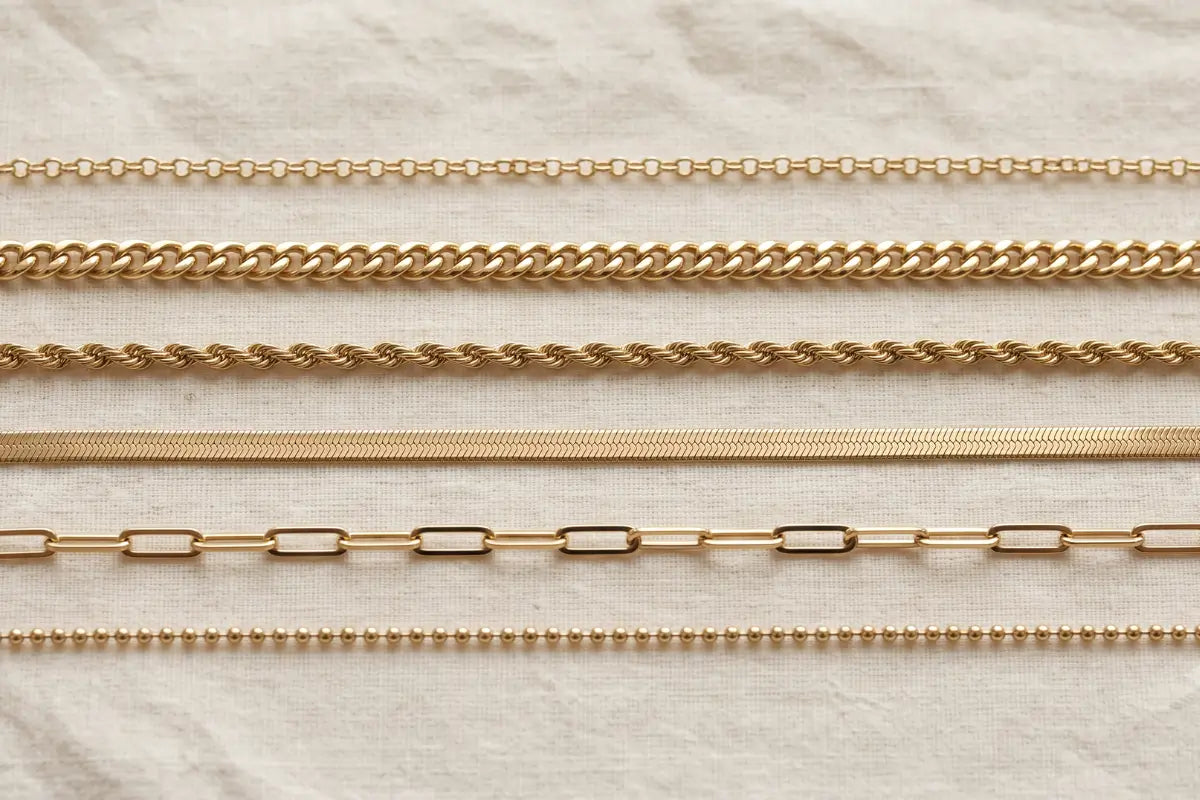 Six 14K gold chain link styles including cable, curb, rope, and herringbone
