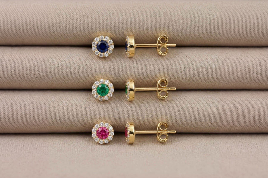 Heon 14K gold halo stud earrings with lab-grown sapphire, emerald and ruby on folded fabric