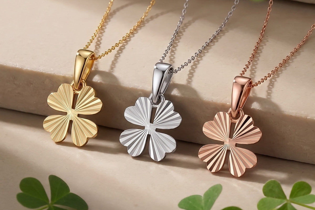 Heon 14K gold four-leaf clover necklaces in yellow, white and rose gold with fresh clover