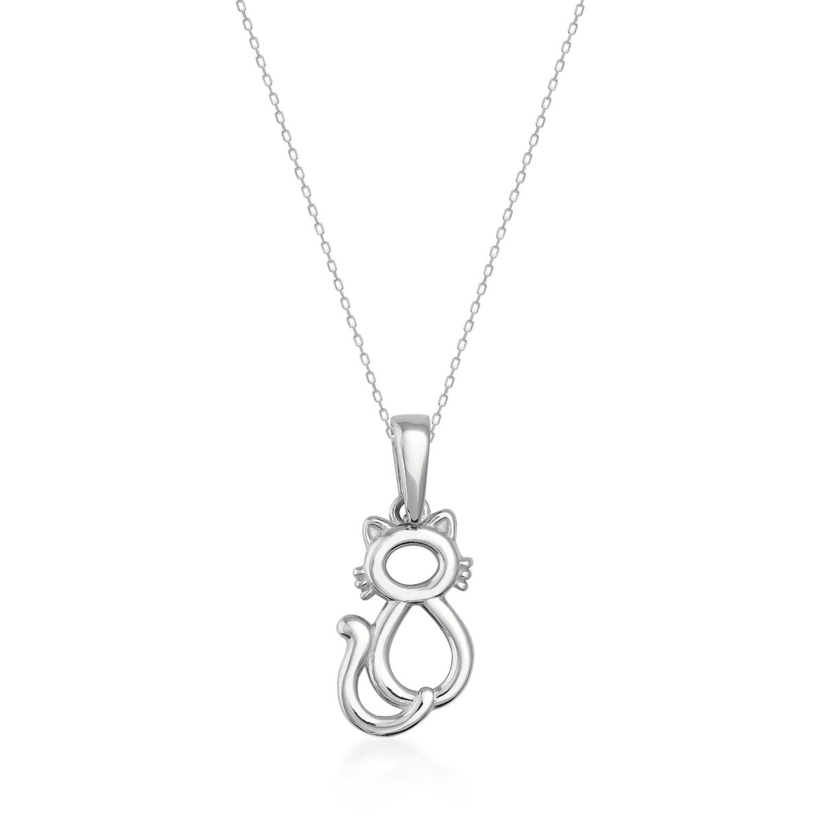 Collana con charm silhouette di gatto in oro bianco 14kt su sfondo bianco