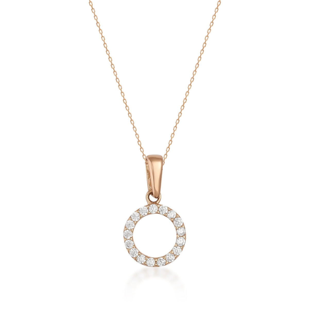 Collar con colgante círculo halo con circonitas en oro rosa de 14 quilates sobre fondo blanco