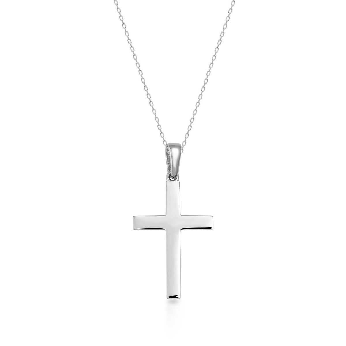14K white gold polished cross pendant necklace on cable chain, front view on white