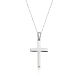 14K white gold polished cross pendant necklace on cable chain, front view on white