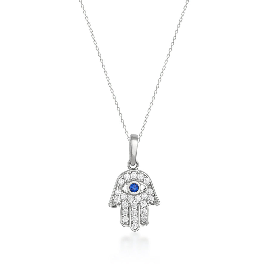 Collana mano di Fatima con zaffiro blu creato in laboratorio in oro bianco 14kt su sfondo bianco