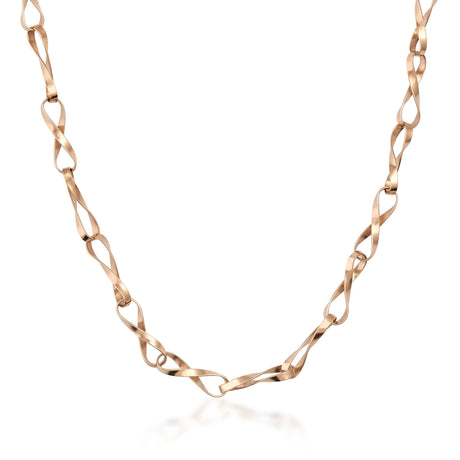Collier chaîne à maillons infini torsadés en or rose 14 carats, vue de face sur fond blanc