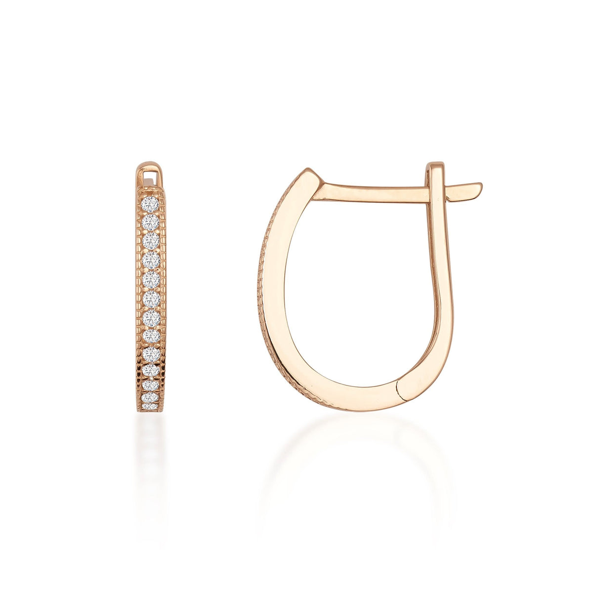 Ovale Pavé-Creolen mit Zirkonia aus 585er Roségold, Seiten- und Vorderansicht auf Weiß
