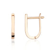 Pendientes huggie ovalados en U en oro rosa de 14 quilates, vista lateral y frontal sobre fondo blanco