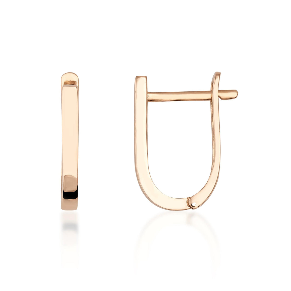 Ovale Huggie-Creolen in U-Form aus 585er Roségold, Seiten- und Vorderansicht auf Weiß