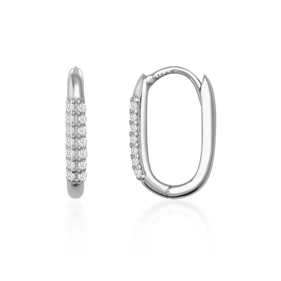 Pendientes de aro ovalados pequeños pavé de circonitas en oro blanco de 14 quilates, vista lateral y frontal sobre fondo blanco
