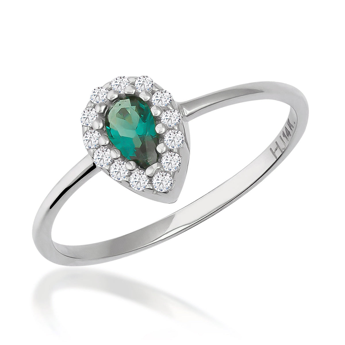 Pear halo ring in 14K white gold with lab-grown emerald and CZ halo on white
