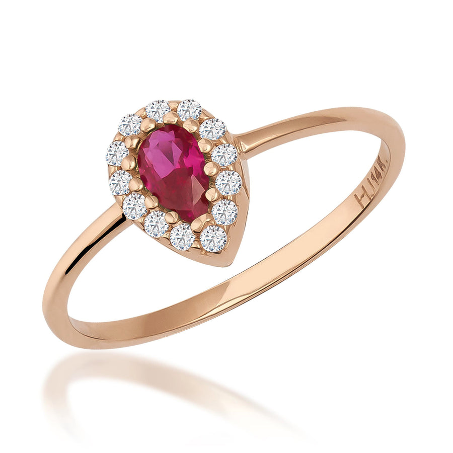 Pear halo ring in 14K rose gold with lab-grown ruby and CZ halo on white