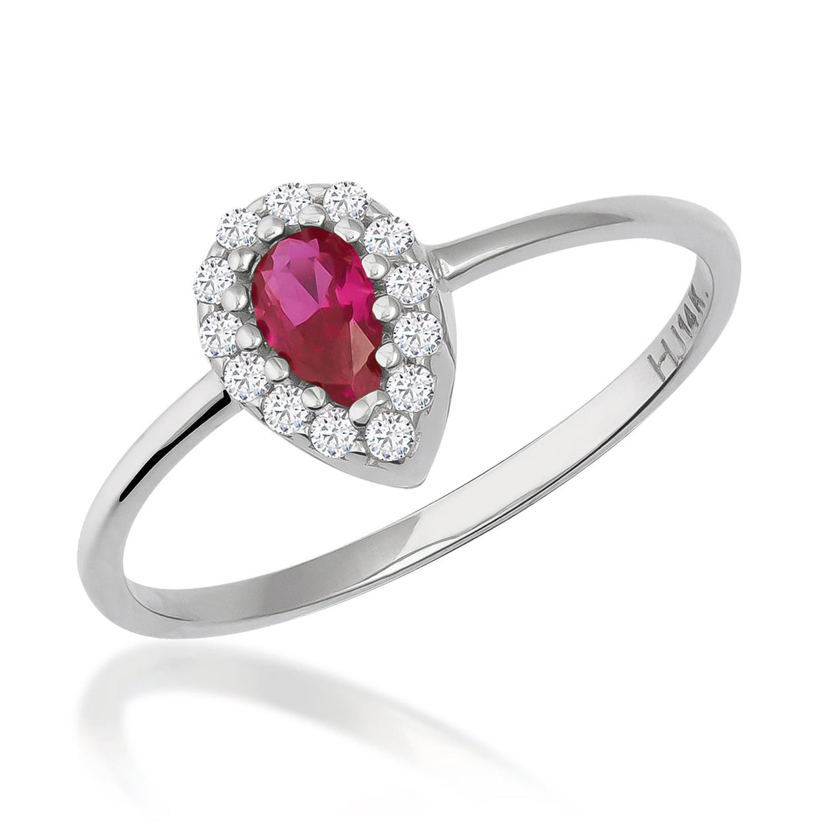 Pear halo ring in 14K white gold with lab-grown ruby and CZ halo on white