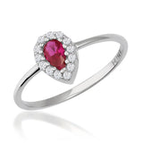 Pear halo ring in 14K white gold with lab-grown ruby and CZ halo on white
