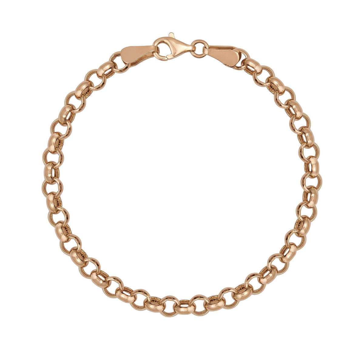 Bracelet maille rolo en or rose 14 carats avec fermoir mousqueton sur fond blanc
