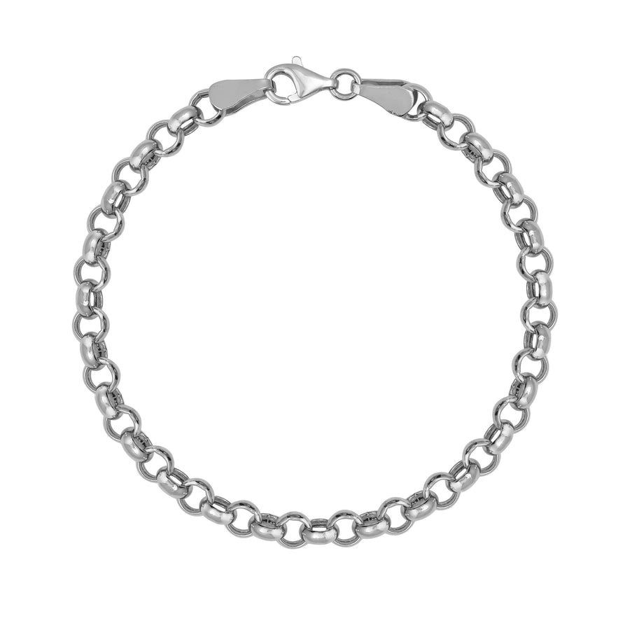 Bracelet maille rolo en or blanc 14 carats avec fermoir mousqueton sur fond blanc
