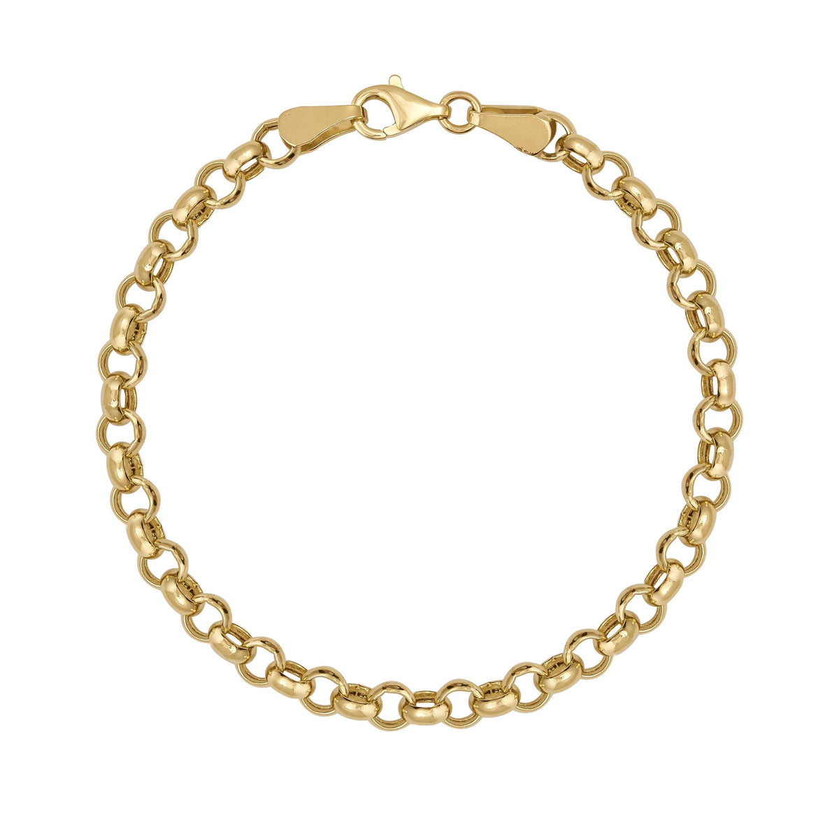 Bracelet maille rolo en or jaune 14 carats avec fermoir mousqueton sur fond blanc