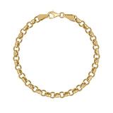 Bracelet maille rolo en or jaune 14 carats avec fermoir mousqueton sur fond blanc