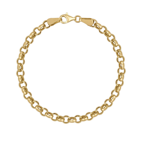Bracelet maille rolo en or jaune 14 carats avec fermoir mousqueton sur fond blanc