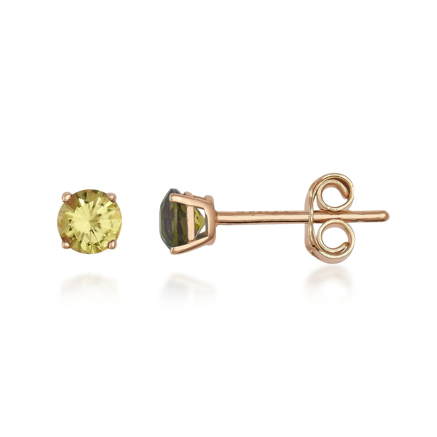 Orecchini a lobo con pietra da 4 mm in oro rosa 14kt con peridoto, vista frontale e laterale su sfondo bianco